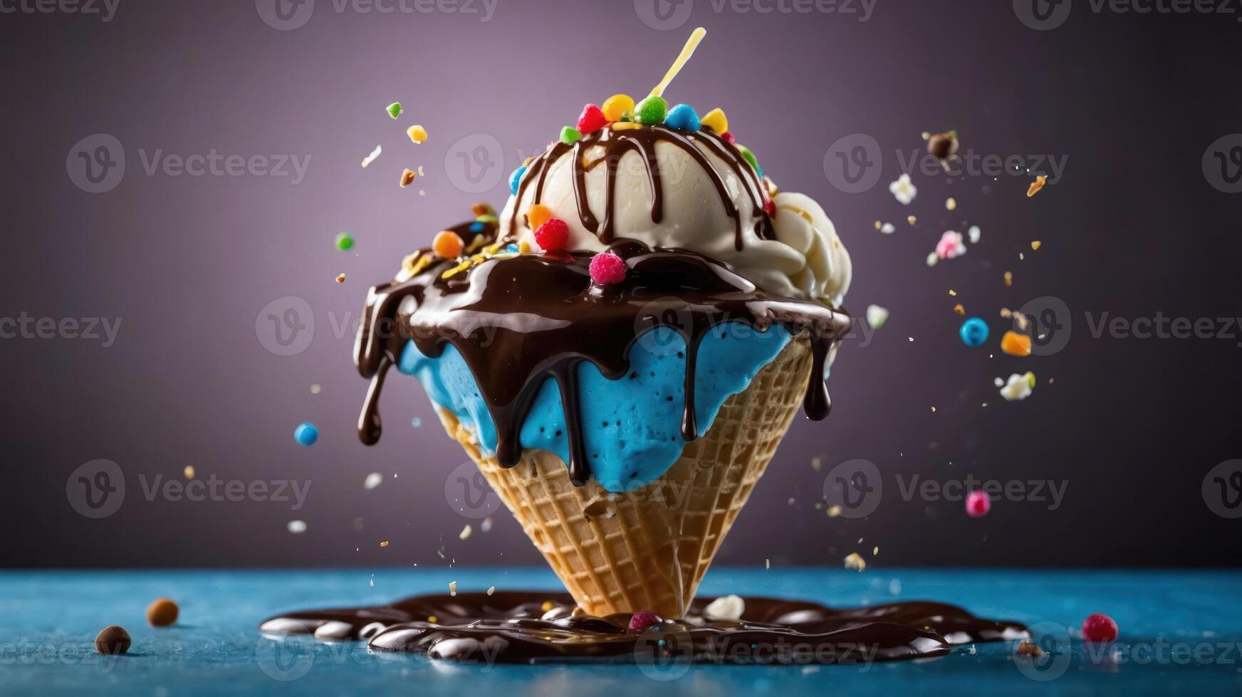 A colorful ice cream cone with chocolate syrup and sprinkles, creating a fun dessert scene. photo