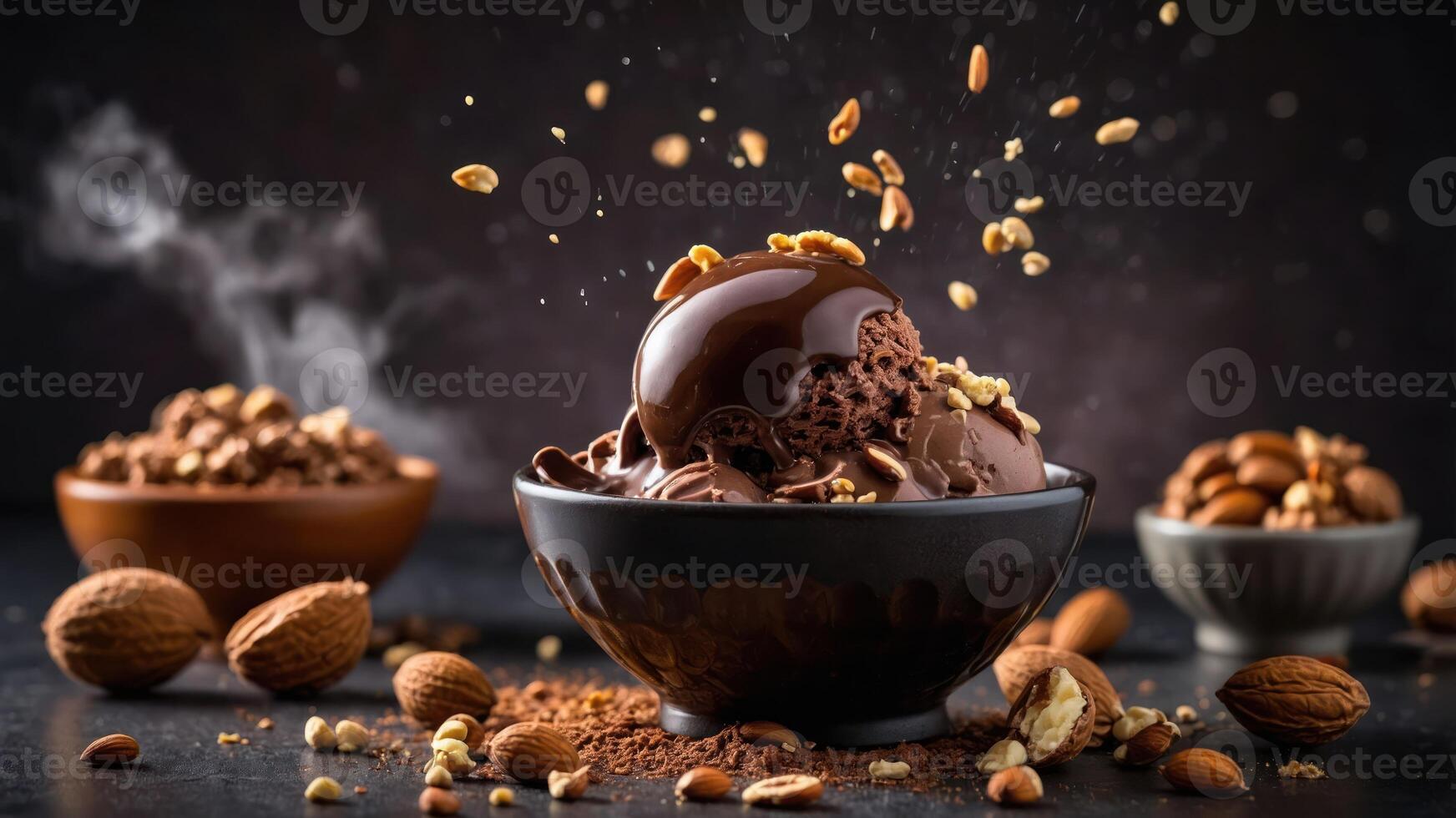 A delicious bowl of chocolate ice cream topped with nuts and cocoa, showcasing indulgence. photo