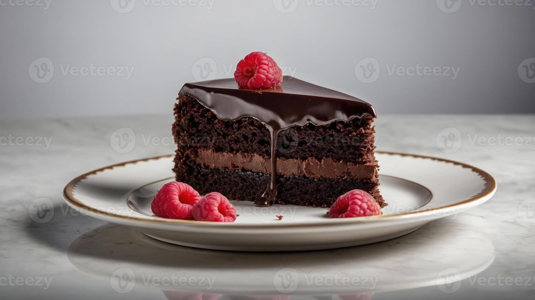 A slice of chocolate cake topped with raspberries, served on an elegant plate. photo