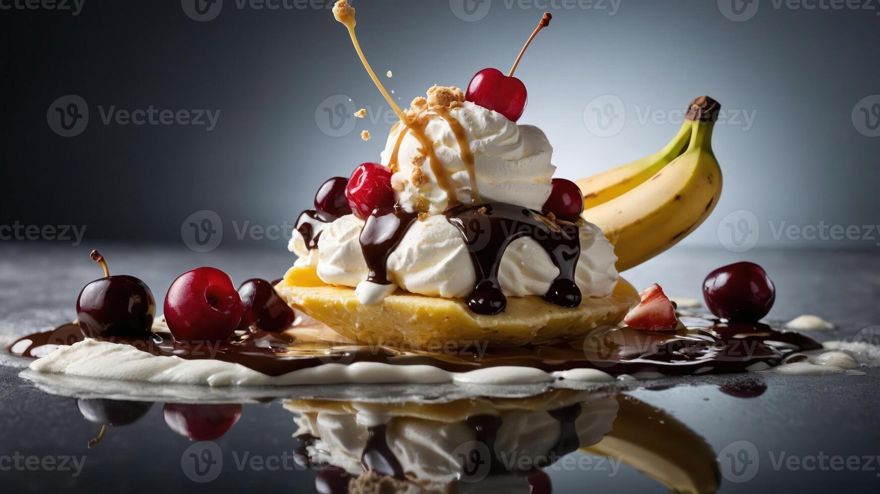 A delicious dessert featuring a banana split with whipped cream, cherries, and chocolate sauce. photo