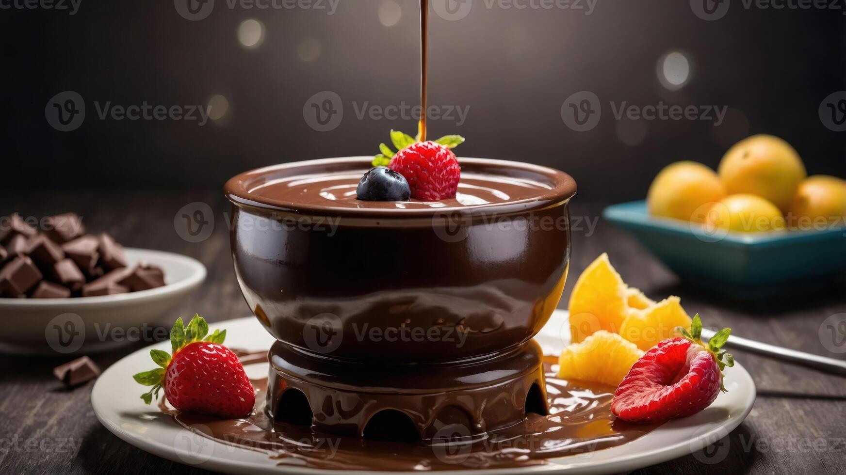A rich chocolate fondue served with fresh fruits and chocolate pieces for dipping. photo