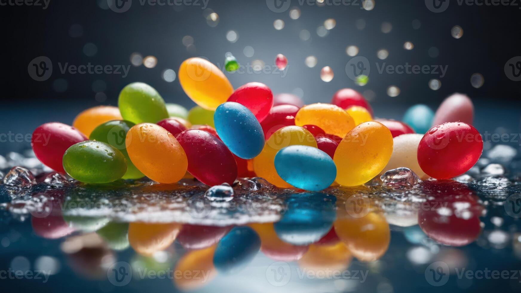 A colorful assortment of jelly beans scattered on a reflective surface with droplets. photo