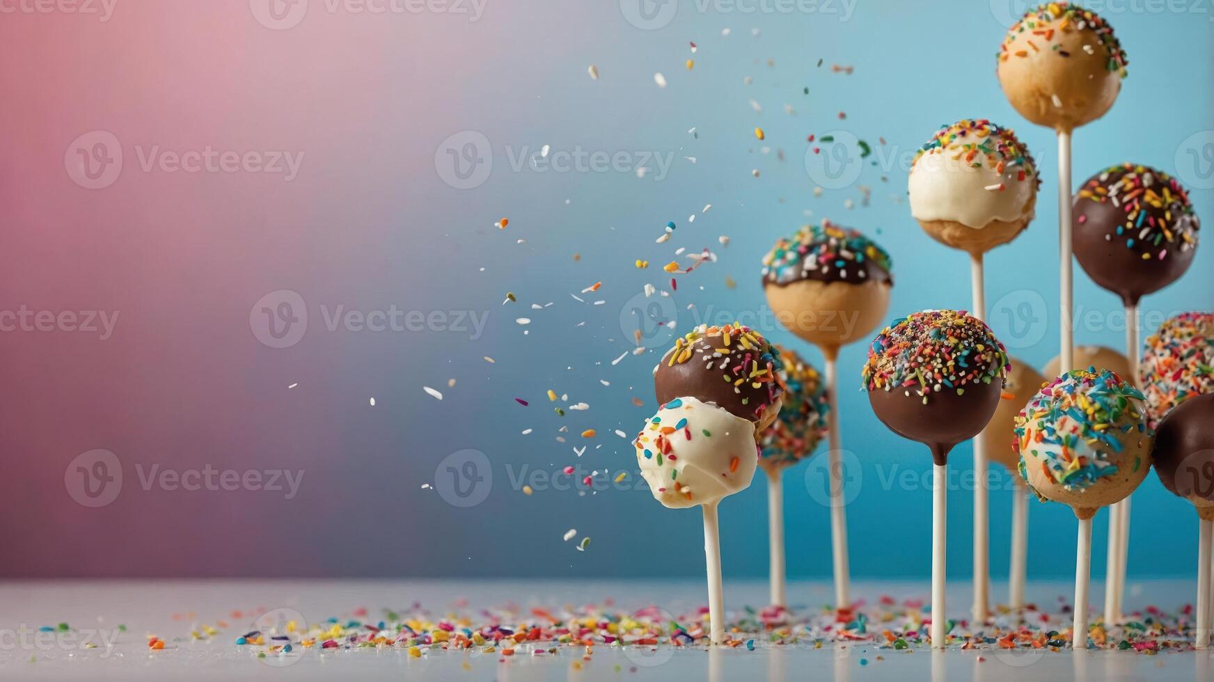 A colorful display of cake pops with sprinkles, creating a festive atmosphere. photo