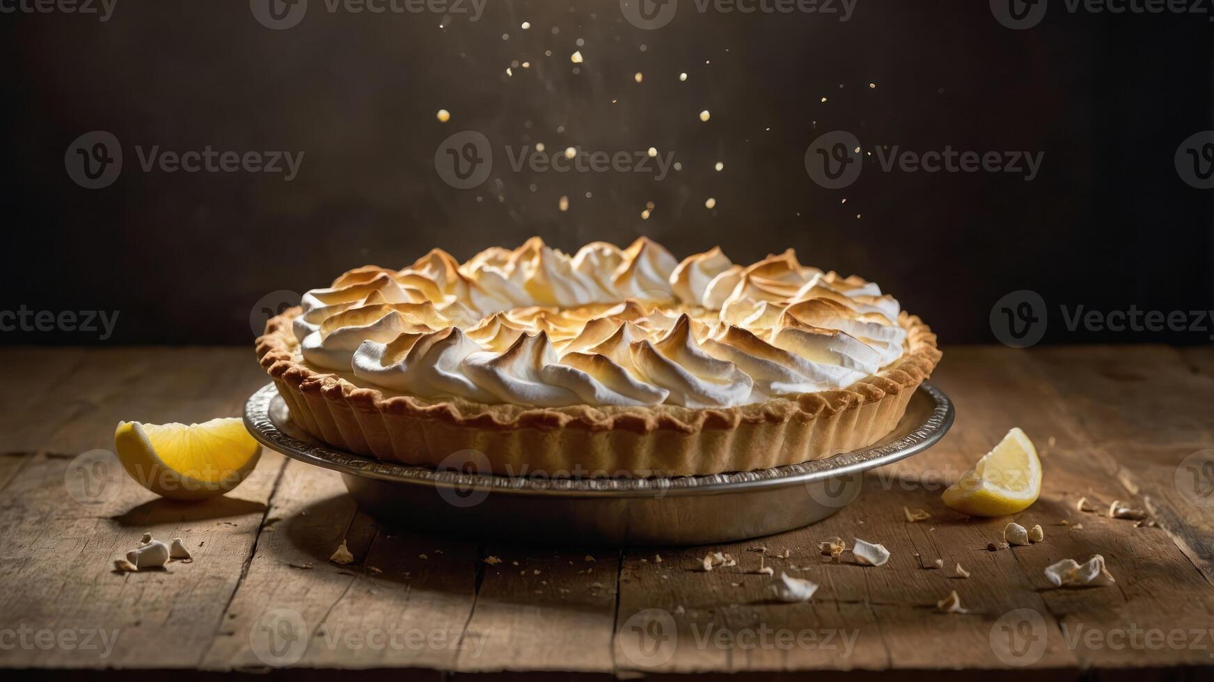 A beautifully baked lemon meringue pie on a rustic wooden table, garnished with lemon slices. photo