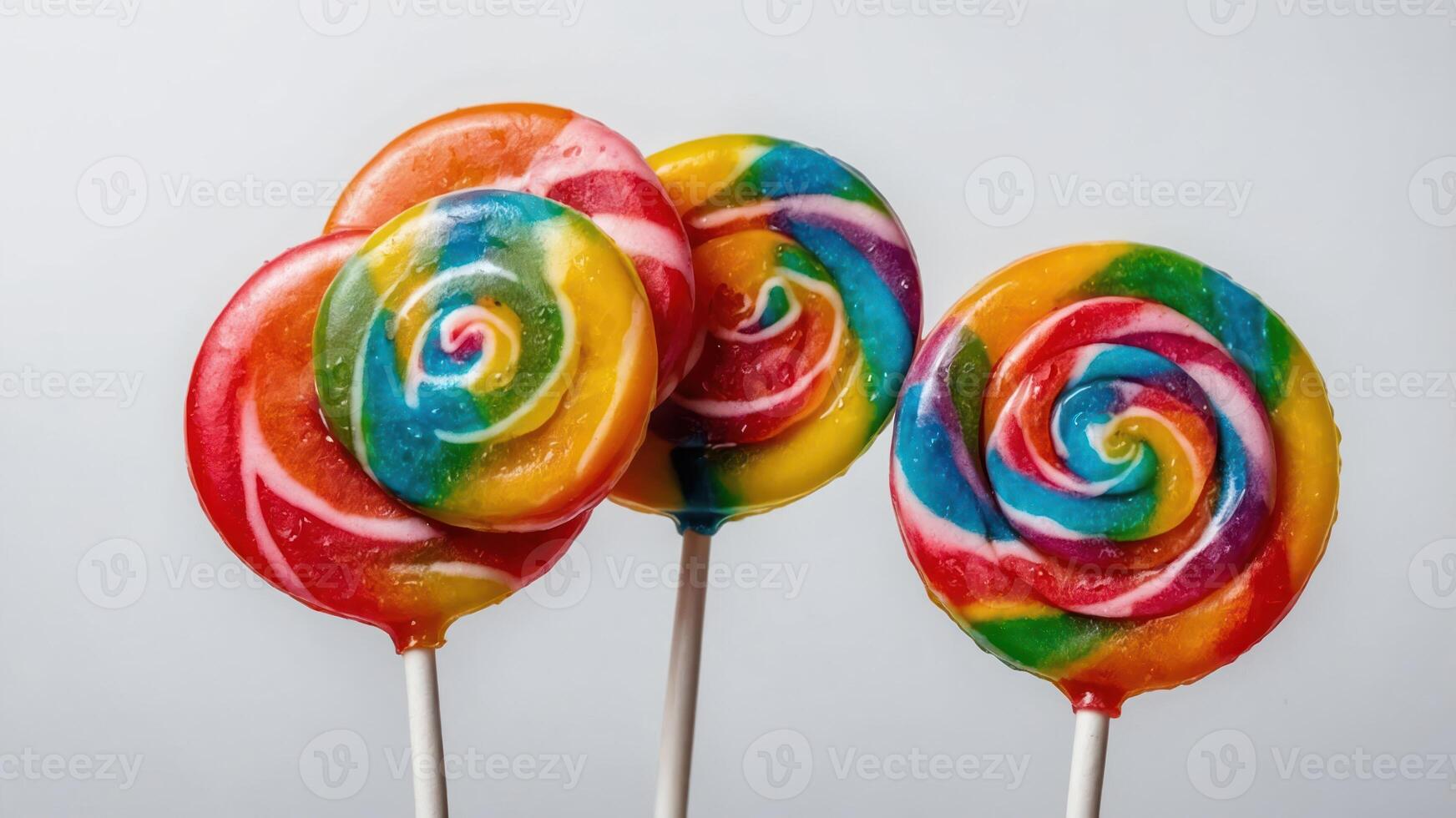 Colorful lollipops with swirled patterns on sticks against a light background. photo