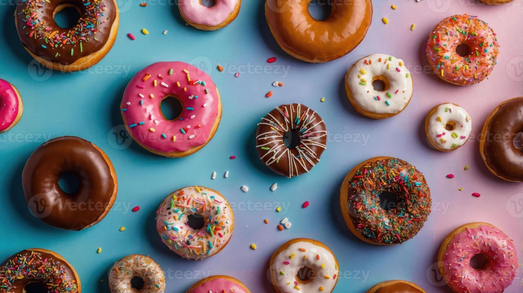 A colorful assortment of donuts arranged on a gradient background. photo