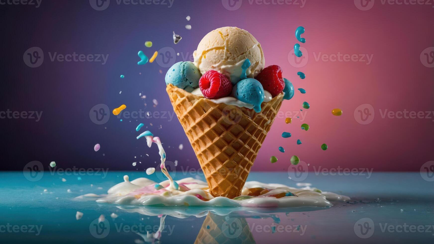 A vibrant ice cream cone topped with colorful sprinkles, surrounded by melted ice cream. photo