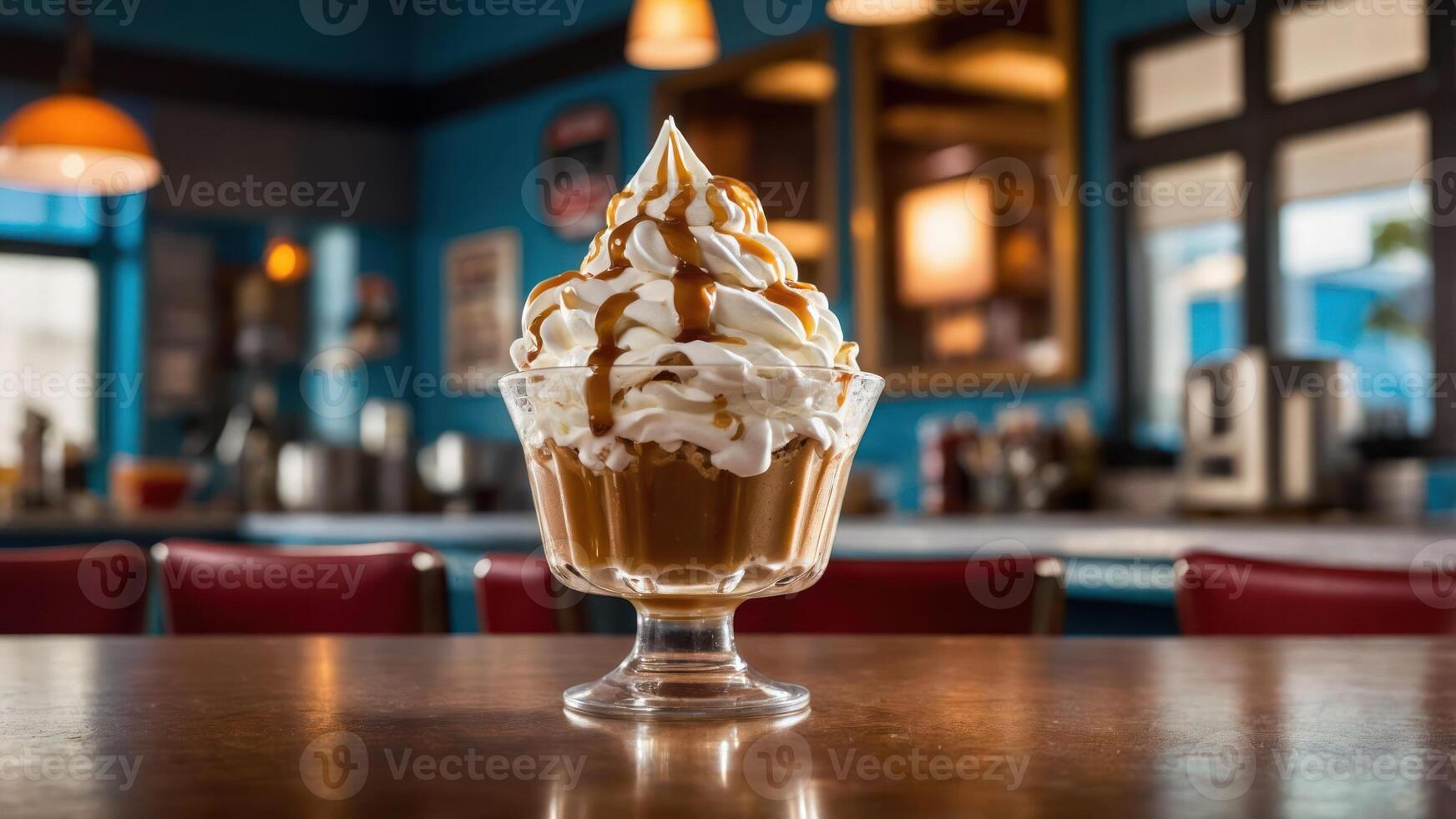 A delicious dessert featuring soft-serve ice cream topped with caramel sauce in a diner setting. photo