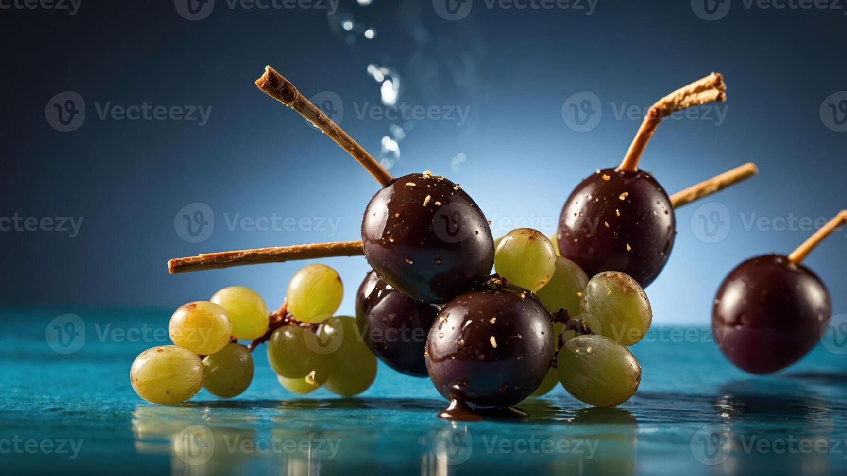 A close-up of green and black grapes arranged artistically on a vibrant surface. photo