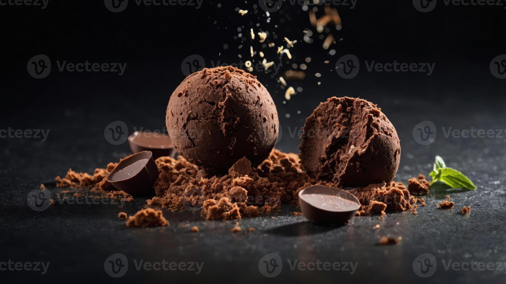 Two chocolate truffles surrounded by cocoa powder and chocolate pieces on a dark surface. photo