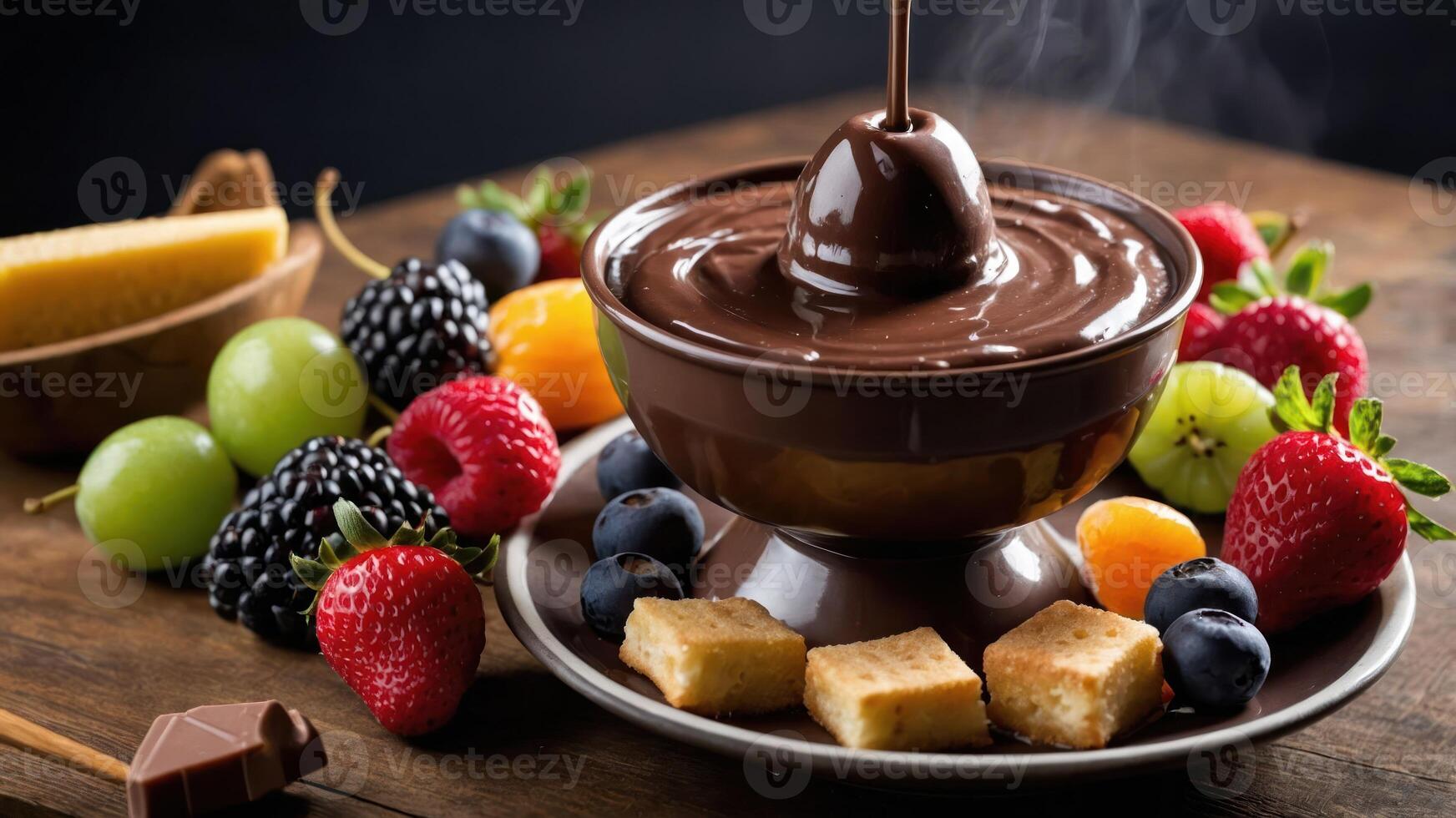 A delicious chocolate fondue surrounded by fresh fruits and pastries for dipping. photo