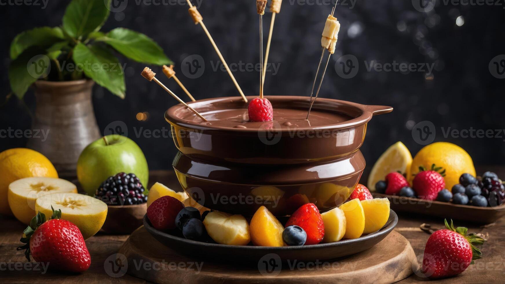 A chocolate fondue set surrounded by fresh fruits for dipping. photo