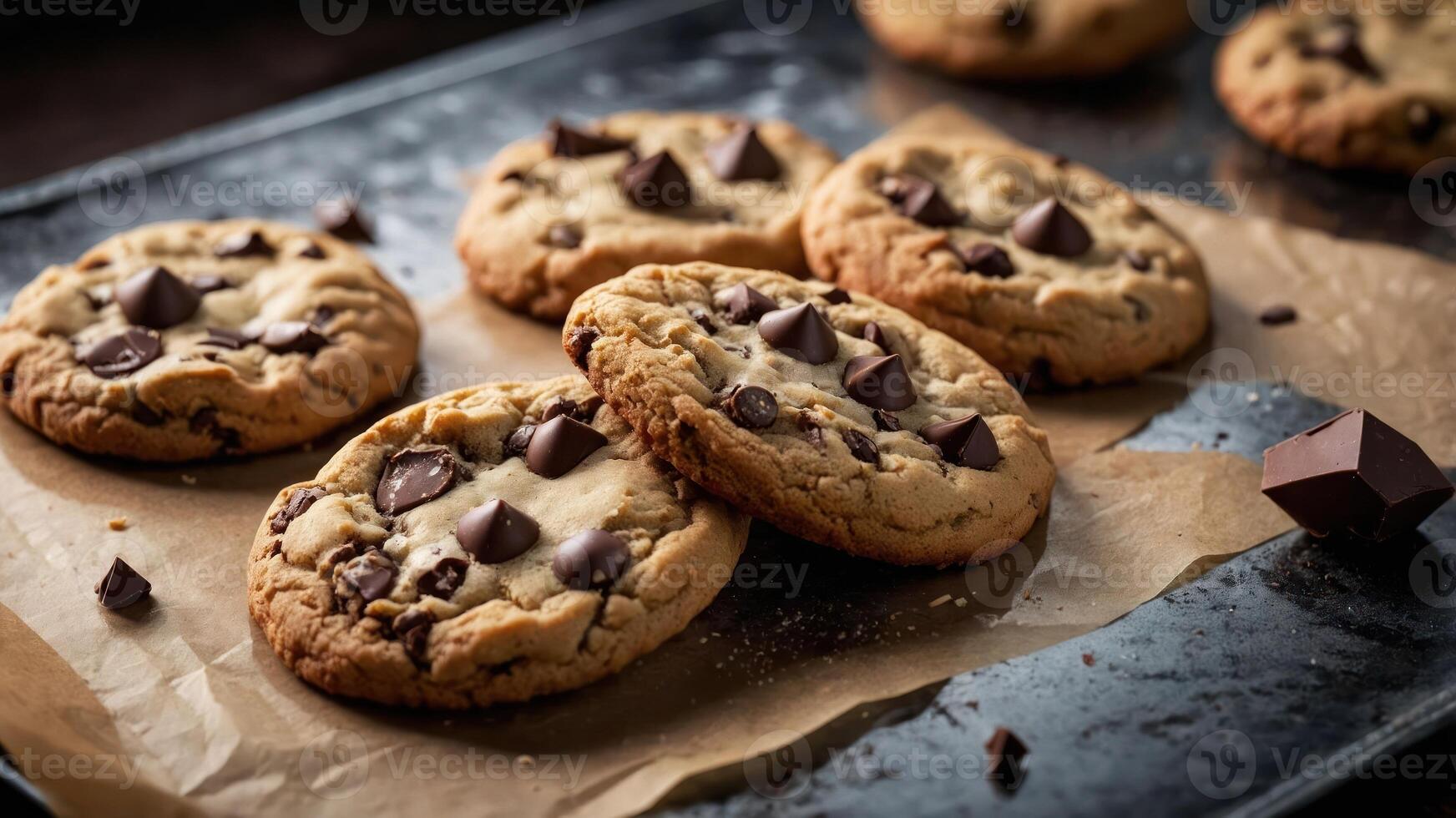 Freshly baked chocolate chip cookies on a tray, ready to be enjoyed. photo
