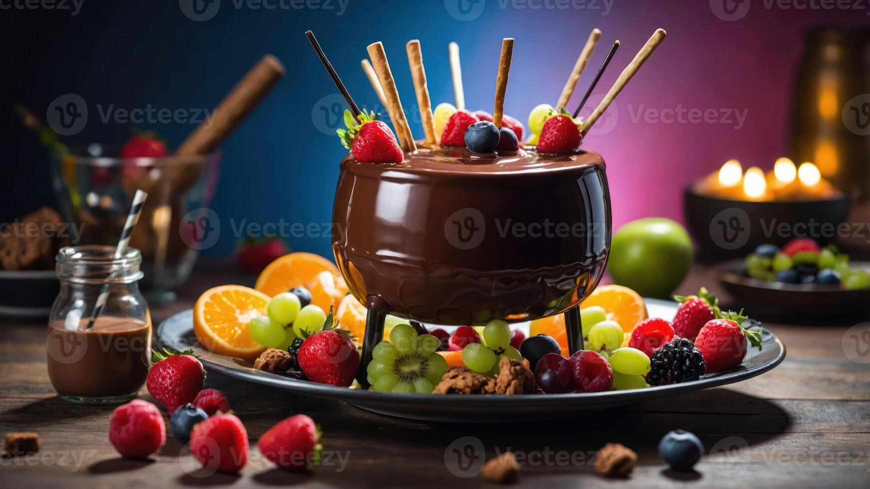 A delicious chocolate fondue centerpiece surrounded by fresh fruits and treats for sharing. photo