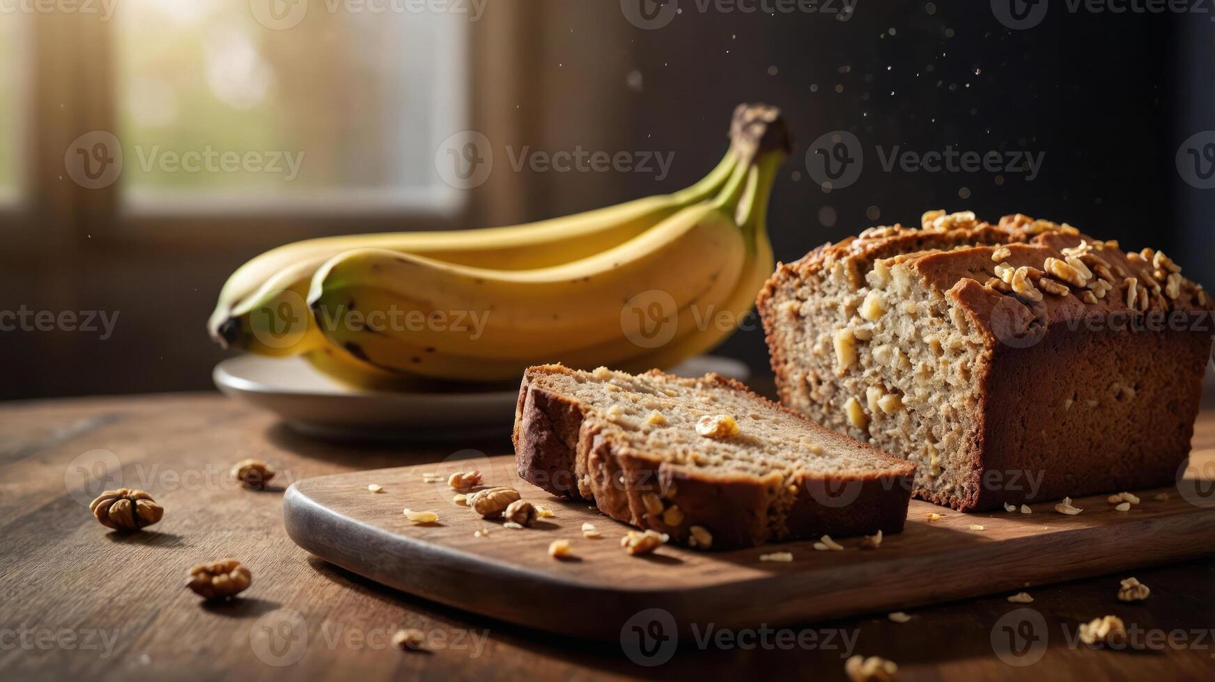 A loaf of banana bread sliced on a wooden board, with whole bananas in the background. photo