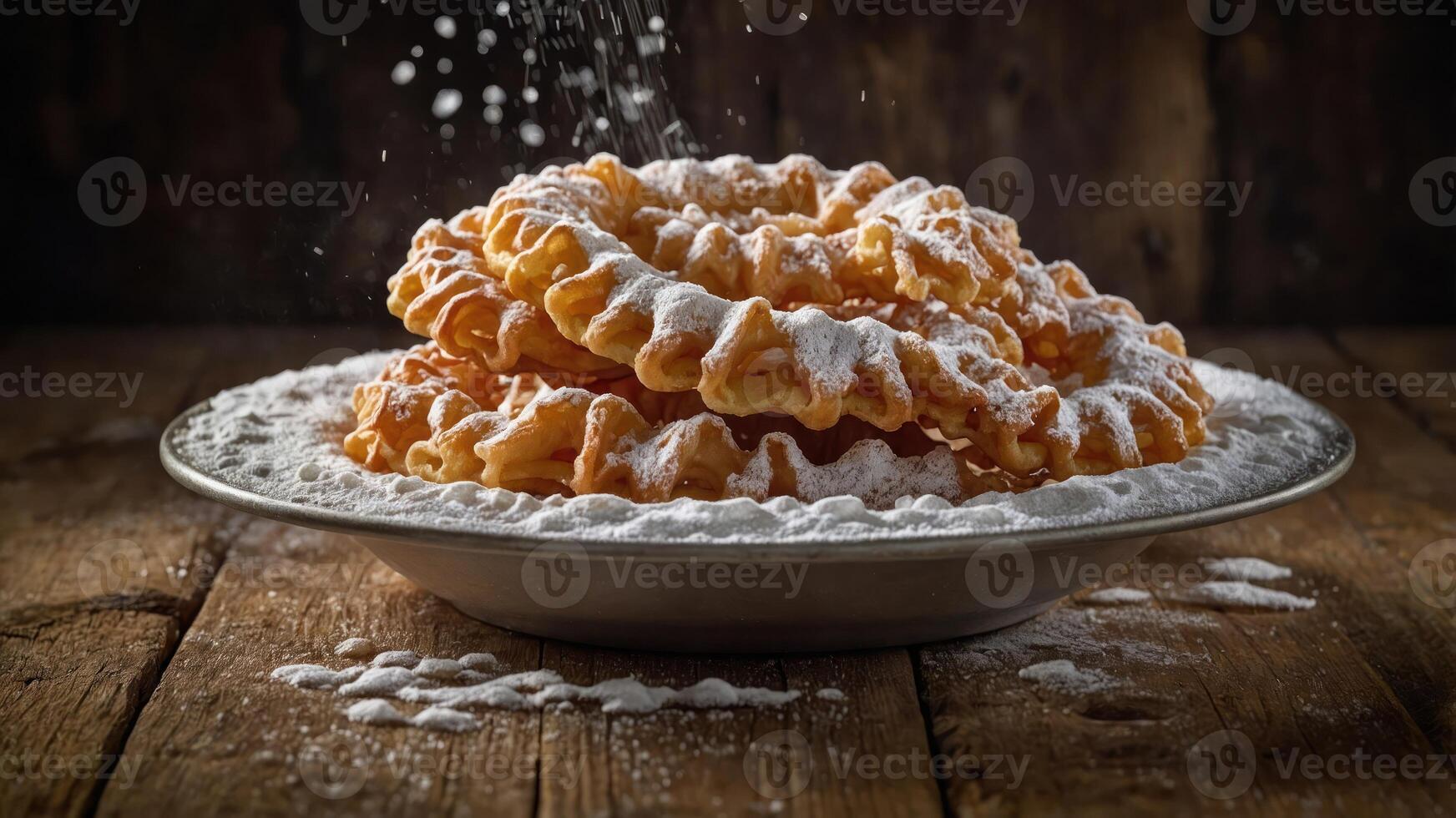 A plate of crispy, powdered sugar-covered funnel cakes on a rustic wooden table. photo