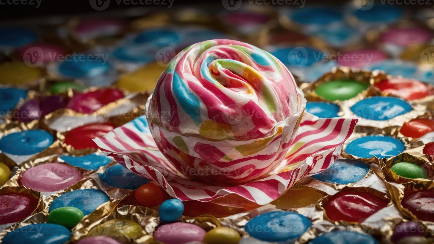 A colorful lollipop sits atop a vibrant candy background, creating a playful, sweet atmosphere. photo
