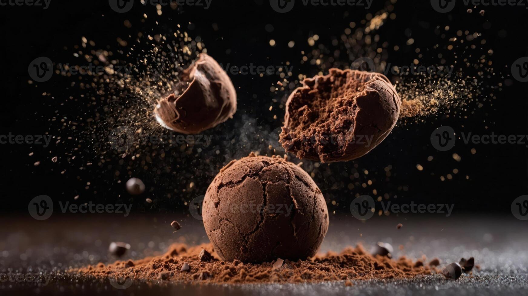A chocolate truffle exploding with cocoa powder, showcasing texture and indulgence. photo