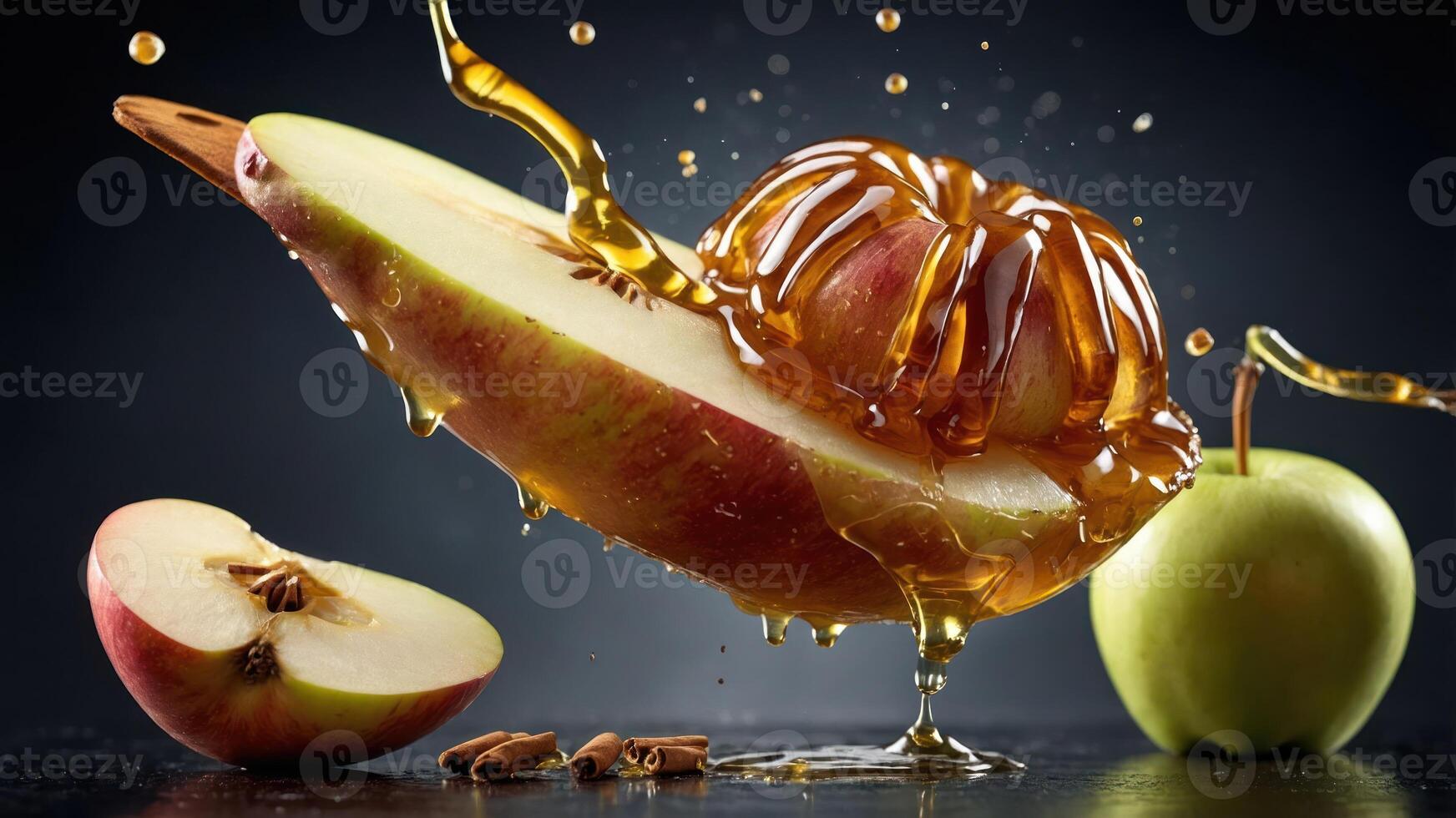 A sliced apple drizzled with syrup, creating a dynamic and appetizing visual. photo