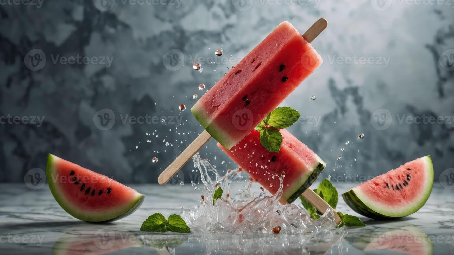Refreshing watermelon popsicles splashing in water, surrounded by fresh watermelon slices. photo