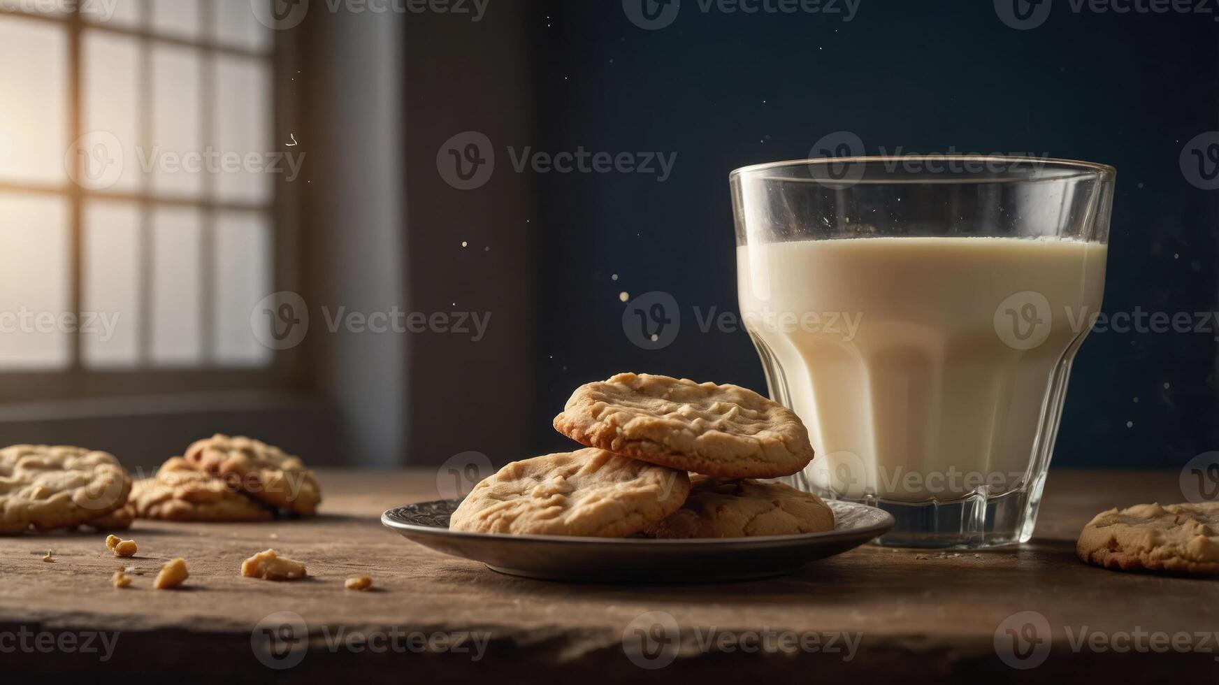 A cozy scene featuring a glass of milk and a plate of cookies on a wooden table. photo