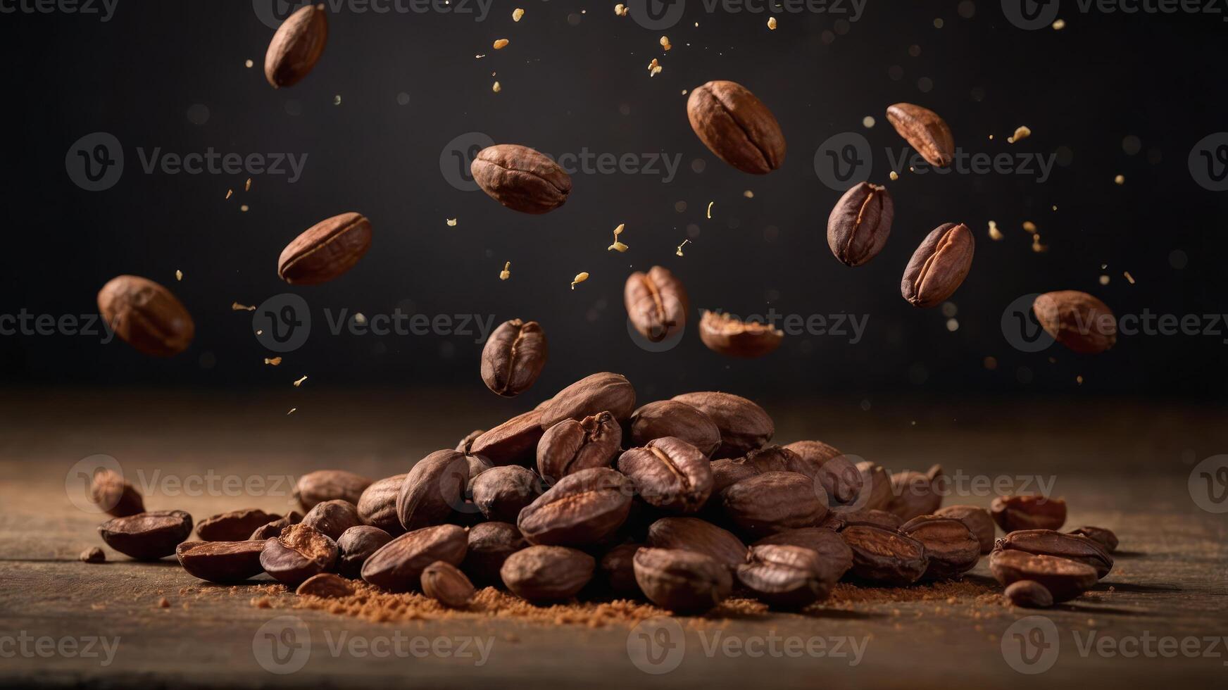 A close-up of coffee beans scattered and suspended, highlighting their texture and aroma. photo