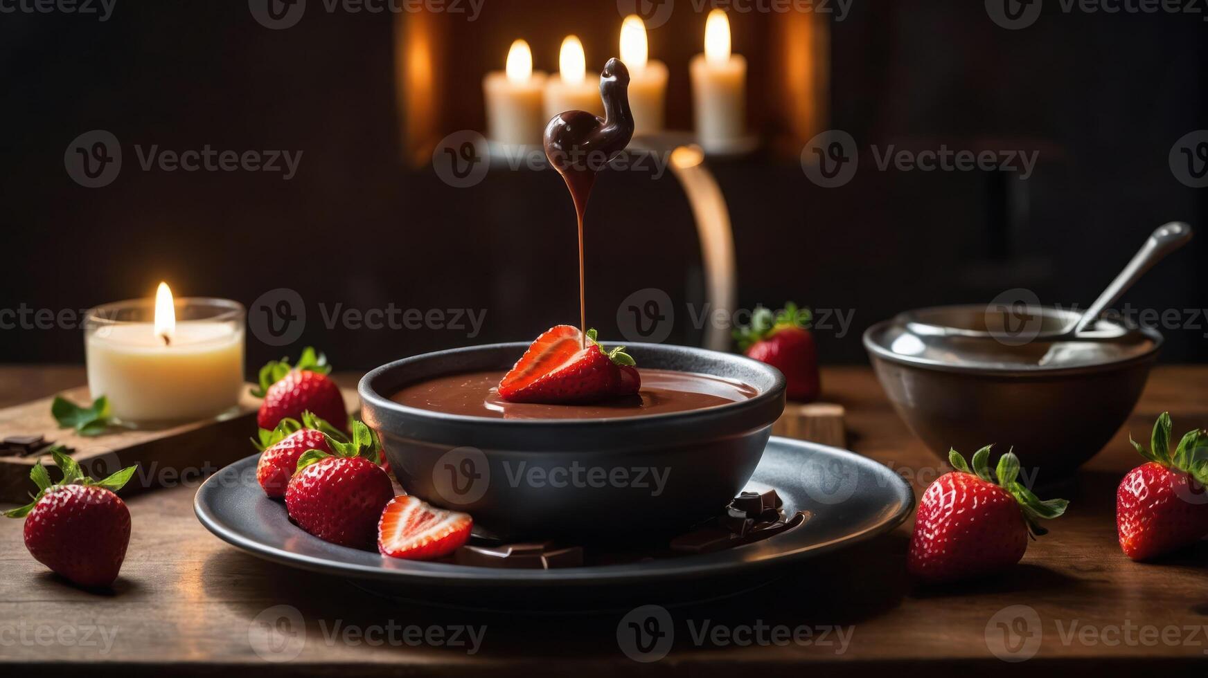 A romantic setting featuring chocolate fondue with strawberries and candles. photo
