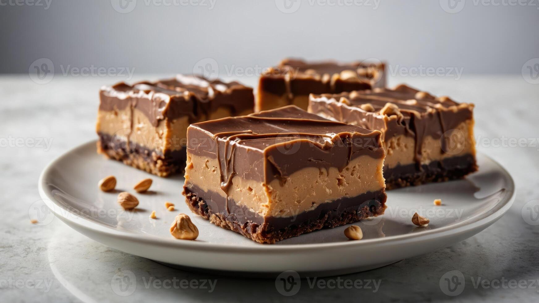 A plate of layered chocolate and peanut butter dessert squares, appealing and indulgent. photo