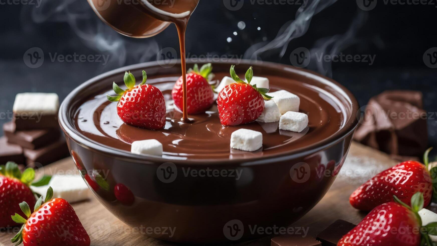 A rich chocolate fondue with strawberries and marshmallows, perfect for dessert indulgence. photo