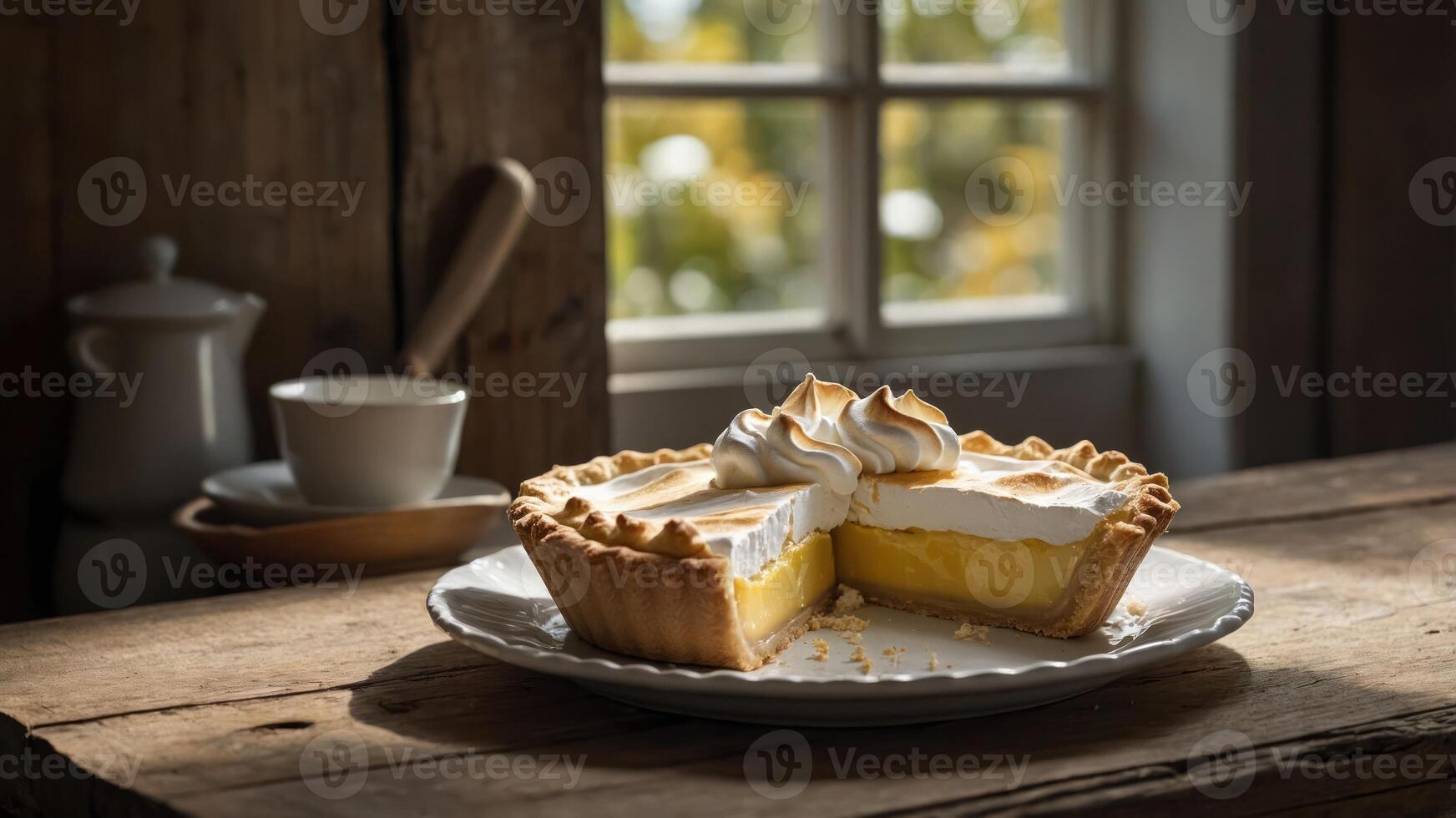 A beautifully baked lemon meringue pie on a rustic table, showcasing its creamy filling and meringue topping. photo