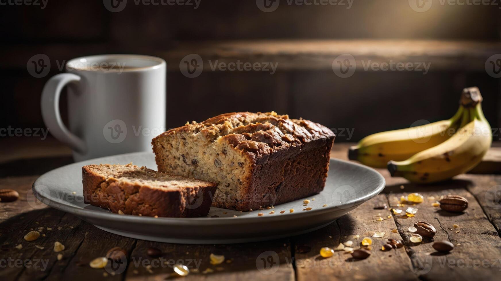 A slice of banana bread served with coffee and bananas on a rustic wooden table. photo