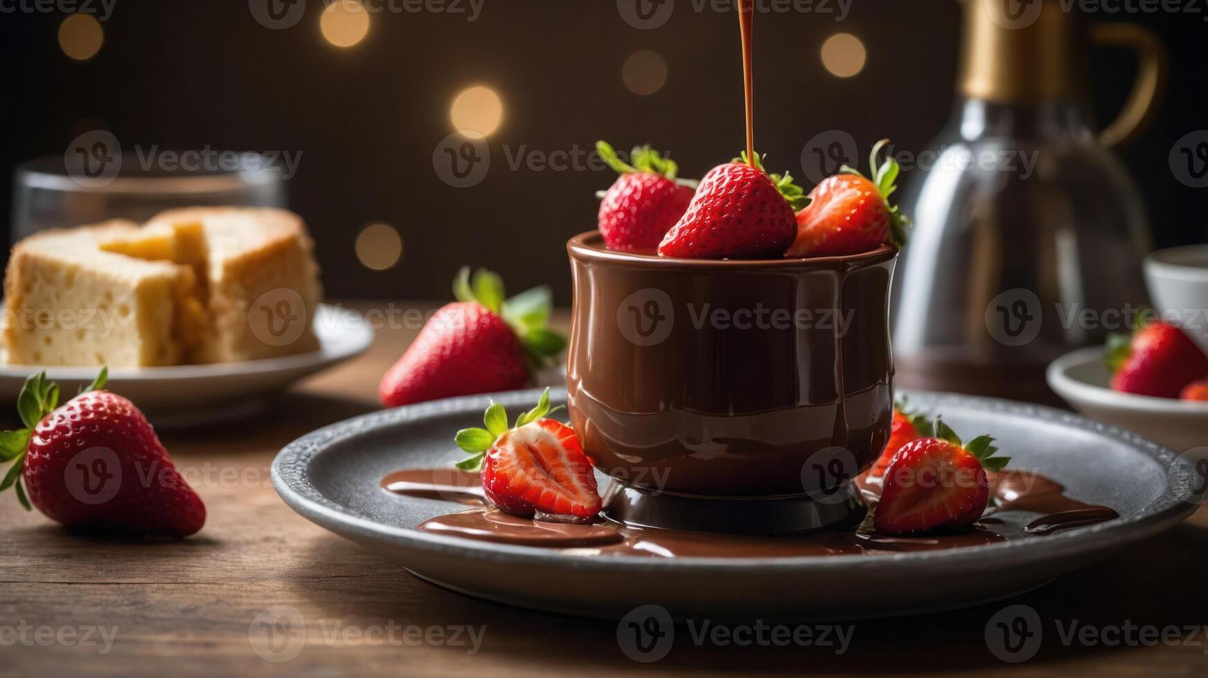 A tempting dessert scene featuring strawberries and chocolate fondue. photo