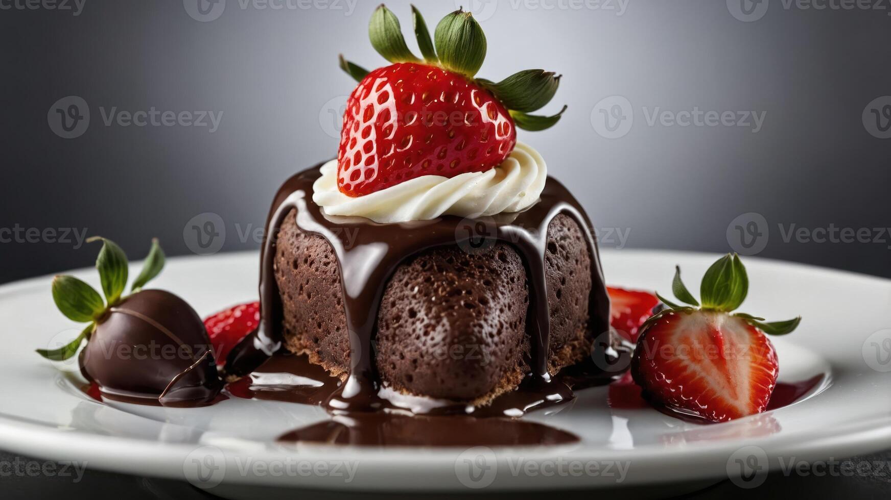 A decadent chocolate dessert topped with a strawberry and whipped cream, served on a plate. photo