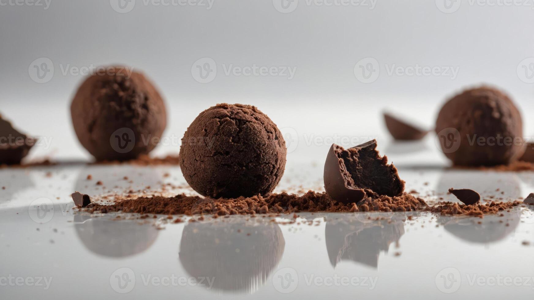 Three chocolate truffles on a reflective surface, with cocoa powder scattered around. photo