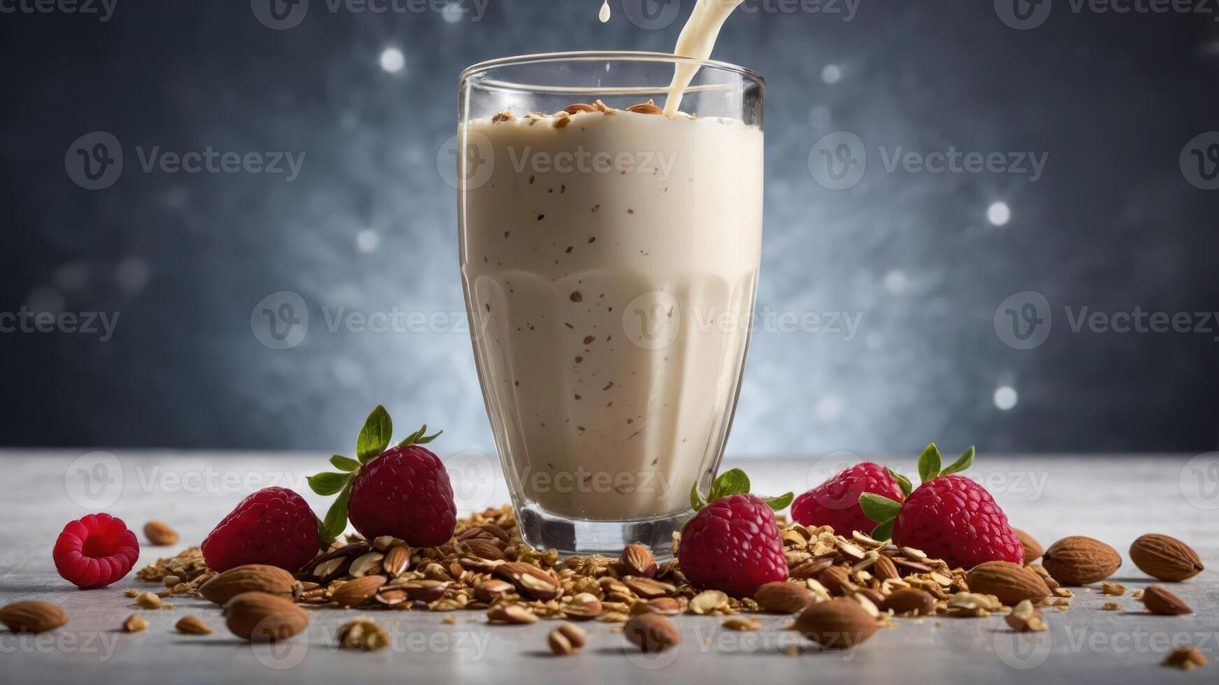 A glass of creamy smoothie surrounded by raspberries and granola on a textured surface. photo