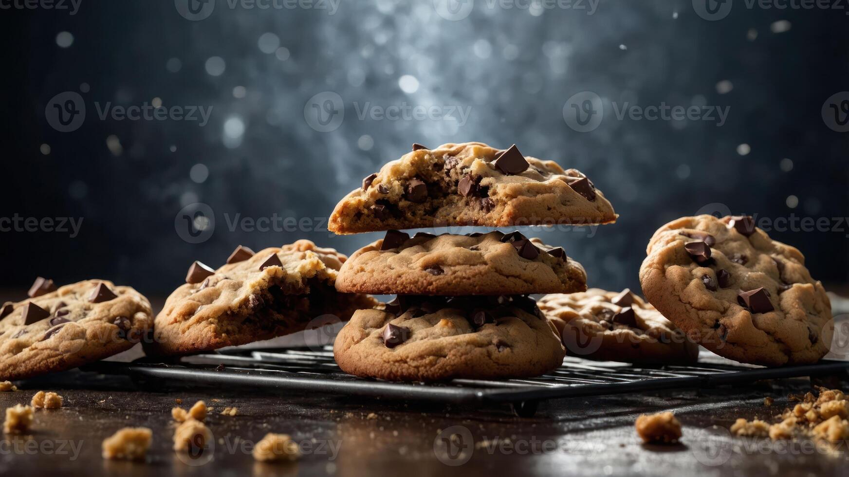 A stack of freshly baked chocolate chip cookies on a cooling rack with a dark background. photo