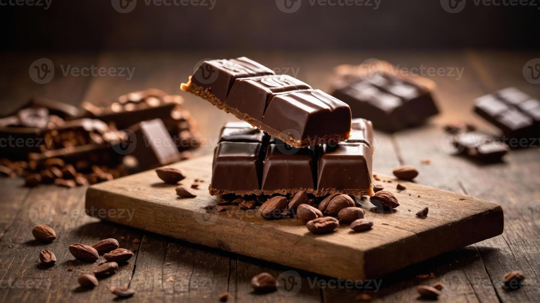 A close-up of chocolate bars and cocoa beans on a wooden surface, emphasizing indulgence. photo