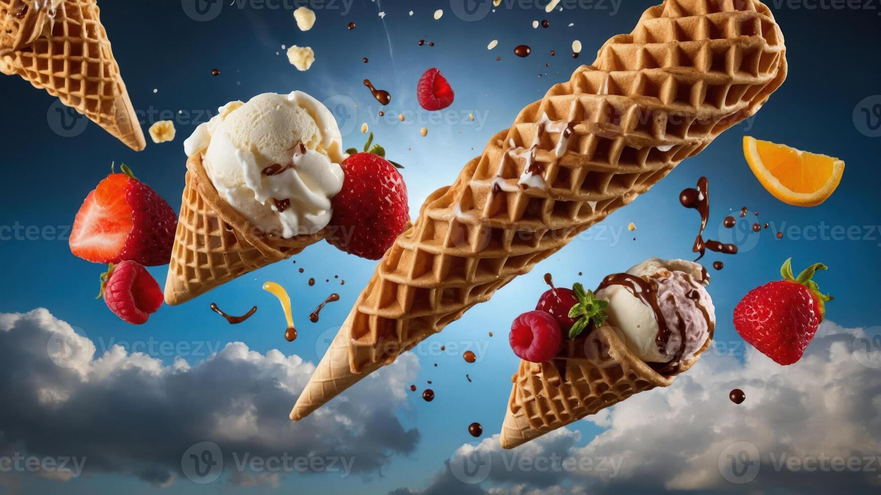 A dynamic display of ice cream cones with fruit and toppings against a vibrant backdrop. photo