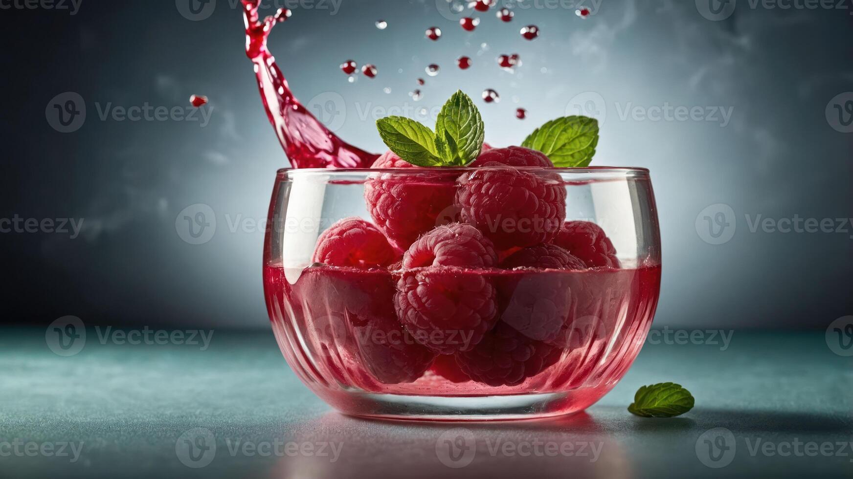 A vibrant bowl of raspberries with splashes of juice and mint leaves, showcasing freshness. photo