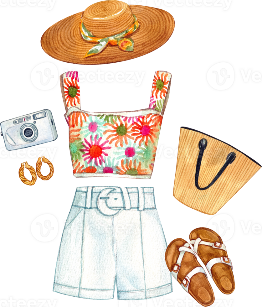 Hand-painted watercolor illustration of a beach vacation outfit. png