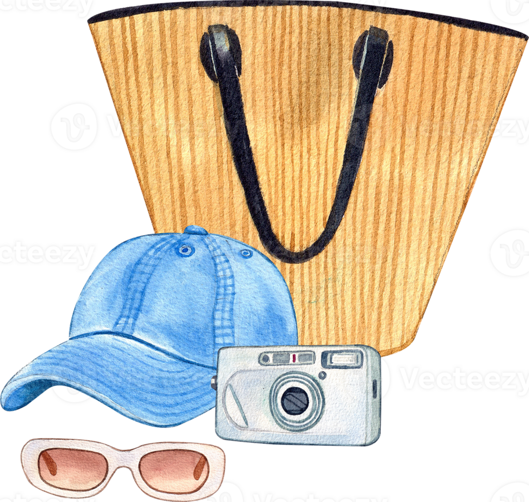 Hand-painted watercolor illustration of a beach bag, hat, and sunglasses. png