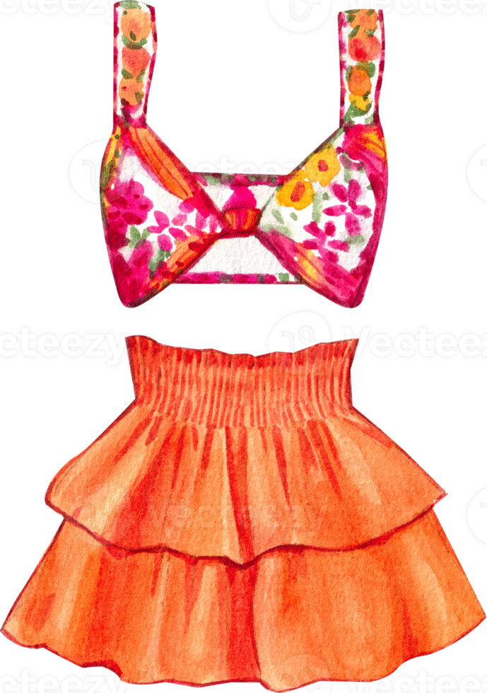 Hand-painted watercolor illustration of floral camisole top with an orange mini skirt png