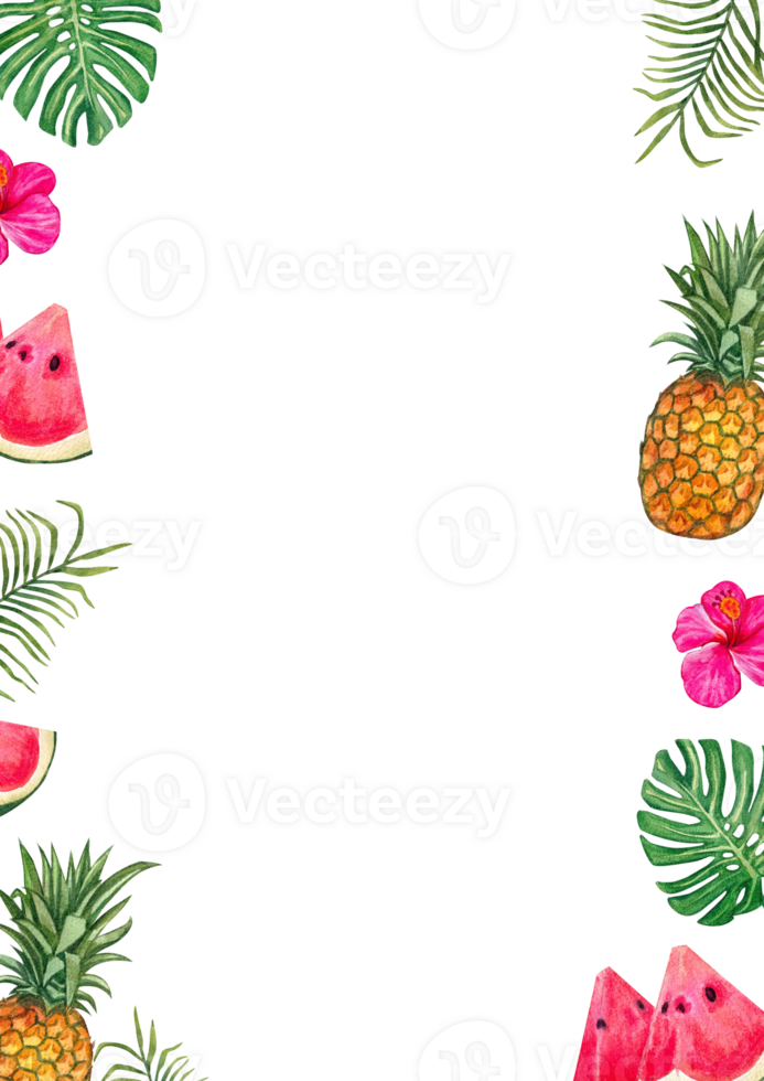 Frame of fruits and leaves in a summer beach concept. png
