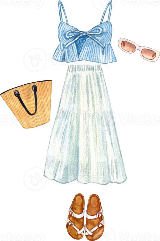 Hand-painted watercolor illustration of a long dress and beach top. png