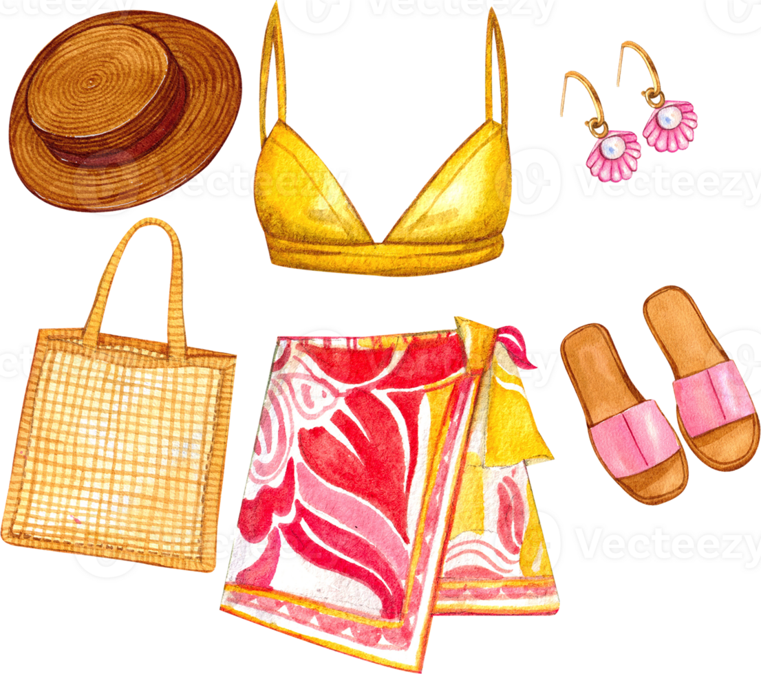 Hand-painted watercolor illustration of summer outfit and accessories. png