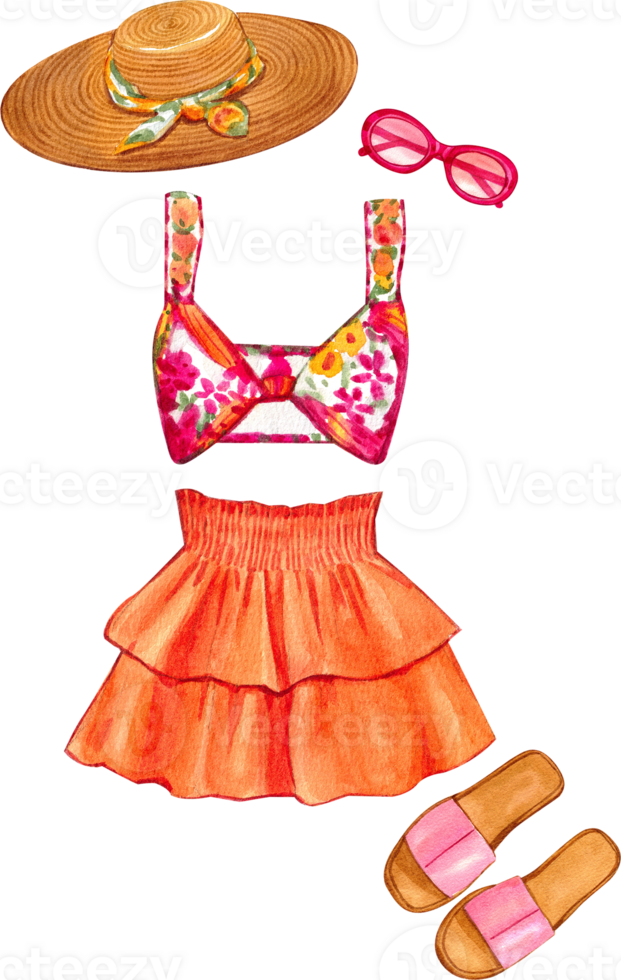 Hand-painted watercolor illustration of a summer top and skirt outfit. png
