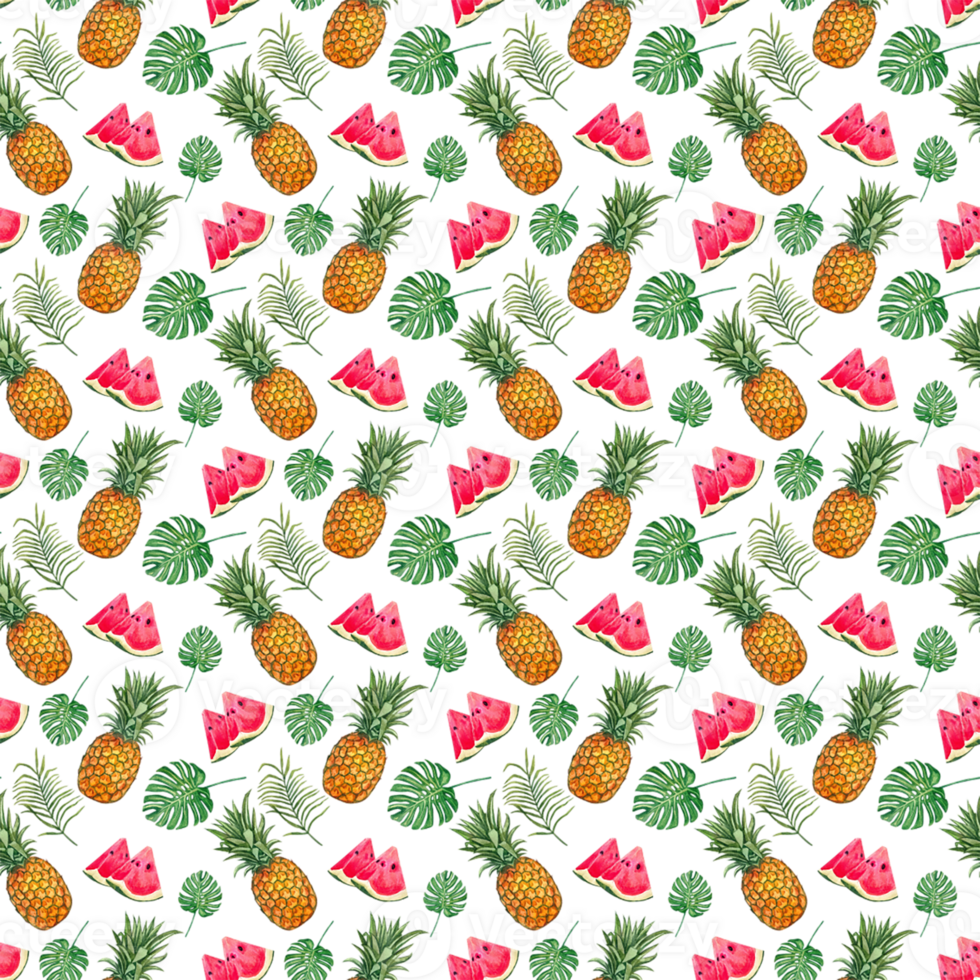 Seamless pattern of watermelons and pineapples with a tropical summer theme. png
