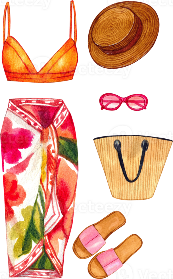 Hand-painted watercolor illustration of a beach outfit with a hat, bag, and sandals. png