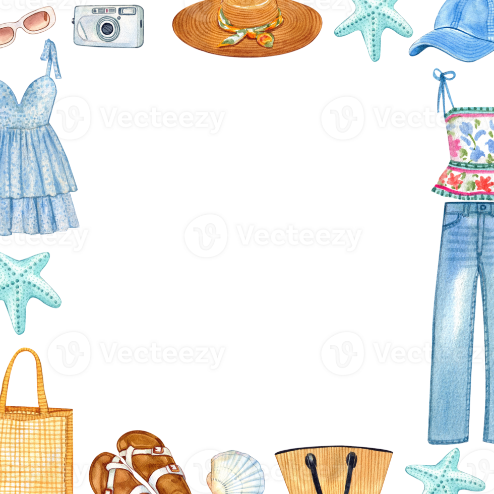 Frame of blue-toned beach fashion and accessories. png