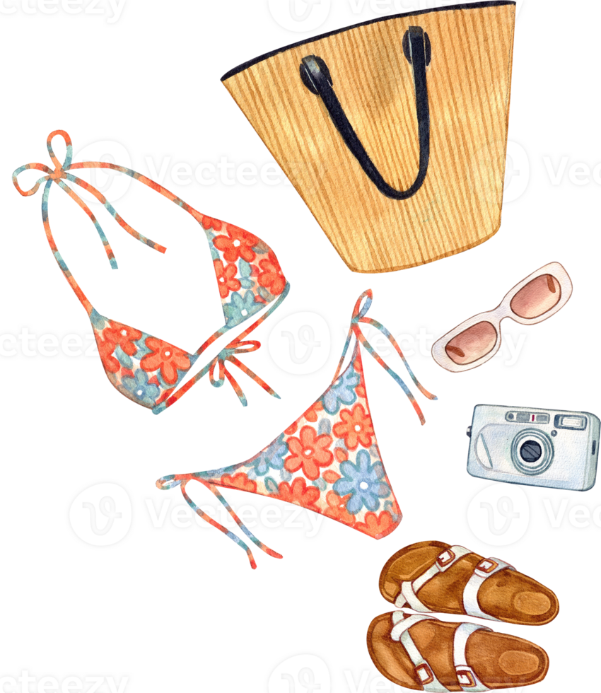 Hand-painted watercolor illustration of a bikini, bag, shoes, hat, sunglasses, and camera for a beach trip. png